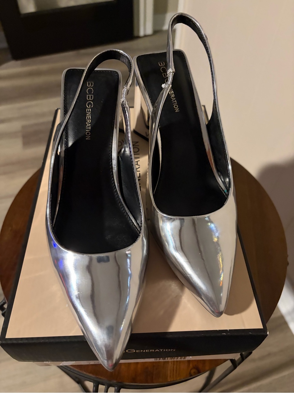 BCBGeneration Silver Pointed Slingback Heels